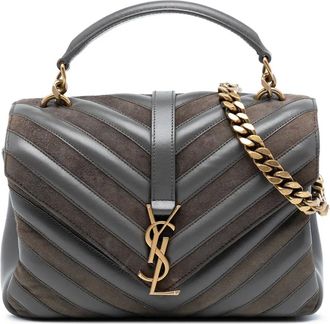 Saint Laurent Borsa a tracolla College media in pelle di vitello e pelle scamosciata con motivo chevron e monogramma 2017 - Grigio