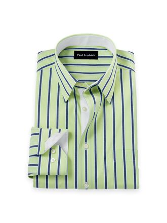 Paul Fredrick Slim Fit Comfort Stretch Non-iron Stripe Dress Shirt With Contrast Trim
