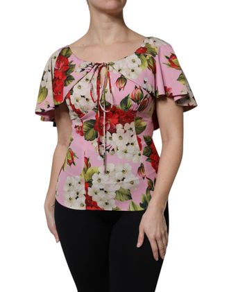 Dolce & Gabbana Womens Pink Floral Silk Short Sleeves Blouse Top Elastane