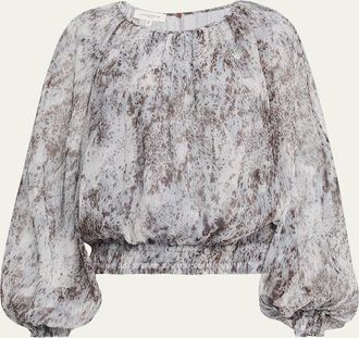 Lafayette 148 New York Gathered Splatter-Print Plisse Blouse