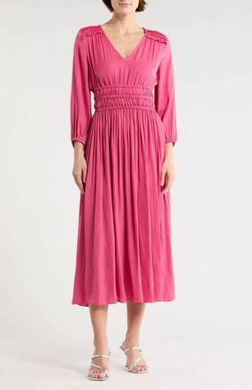 T Tahari Ruched V Neck 3/4-Sleeve Midi Dress In Bombay Pink