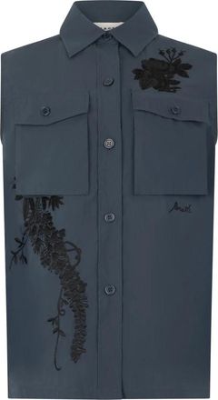 P.A.R.O.S.H. Geborduurde blouse met borstzak - Dames - Overhemden - Blauw - M - Katoen - Overhemden