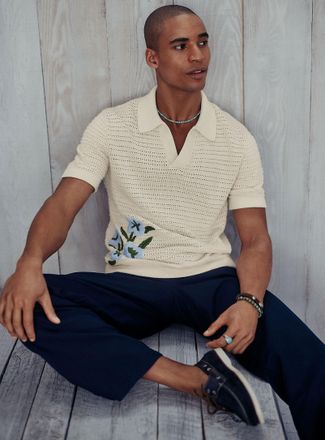 Le 31 Mens Floral embroidery openwork knit Polo Shirt