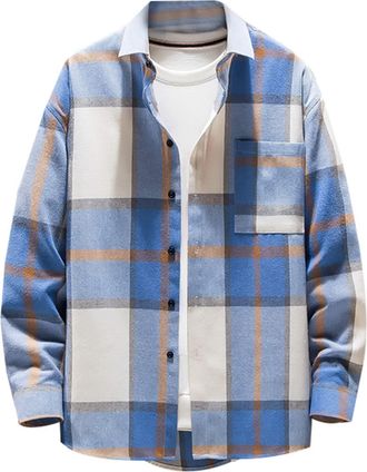Generic Flannel Shirt Men Plaid Long Sleeve Button Down Shirts Casual Lightweight Jackets Plus Size Checked Overshirt Outdoor Travel Shacket Regular fit Shirt