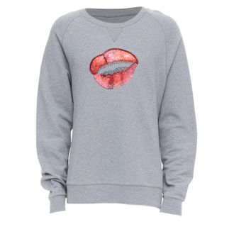 Dries Van Noten grey cotton red sequins lip crew pullover top L