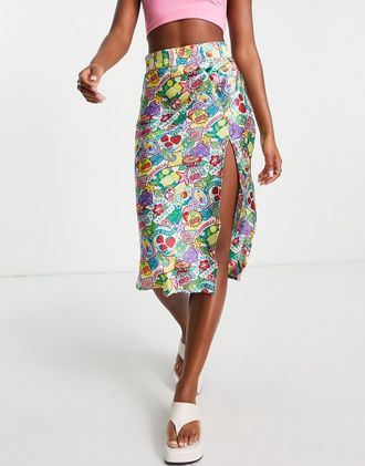 Daisy Street midi slip skirt in retro mix print satin with thigh split-Multi