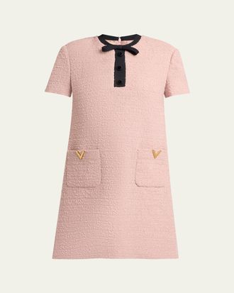 Valentino Garavani V-Logo Pocket Bow-Neck Tweed Mini Dress