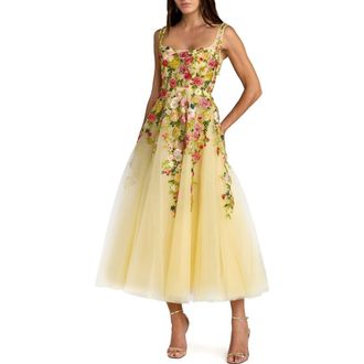 Mac Duggal Embroidered Tulle A-Line Midi Dress in Butter Multi at Nordstrom, Size 14