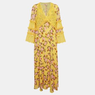 Giambattista Valli Yellow Floral Print Chiffon And Lace Cut-Out Maxi Dress