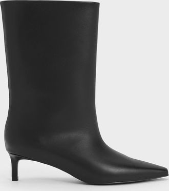 Charles & Keith Elongated Square-Toe Kitten-Heel Calf Boots