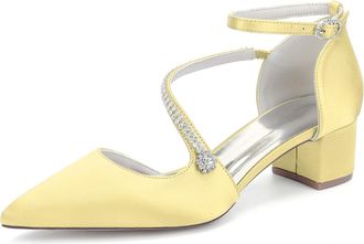 Generic Bridal Shoes Womens Rhinestone Wedding Prom Pumps Satin Pointed Toe Ankle Strap Bridesmaid Chunky Heels Shoes4.5Cm,Yellow,10 UK