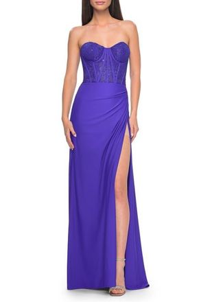 La Femme Lace Bustier Strapless Dress with Ruched Jersey Skirt in Royal Blue at Nordstrom, Size 10