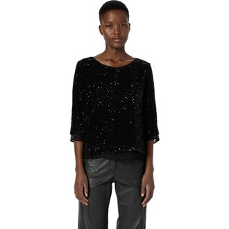 Gerard Darel Alienor Sequin 3/4 Sleeve Voile Trim Top in Black at Nordstrom, Size 6
