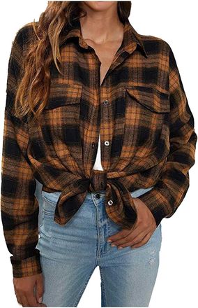 Generic Checked Shirts Womens UK Flannel Long Sleeve V Neck Lapel Collar Gingham Tops Boyfriend Button Down Blouse with Pocket Ladies Oversized Lightweight Pl