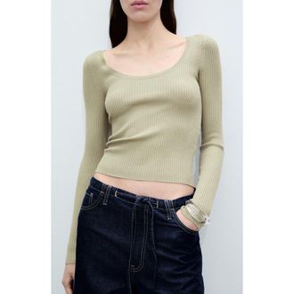 Mango Scoop Neck Crop Rib Sweater in Khaki at Nordstrom Rack, Size X-Large