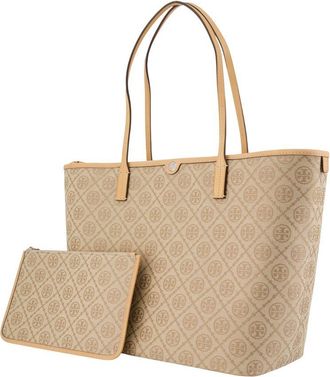 Tory Burch Womens T-Monogram Zip Shopper Bag Leather Beige Calfskin Totes-shopping-bags