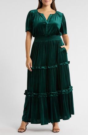 Sugarlips Juliete Velvet Palmer Tiered Maxi Dress in Emerald at Nordstrom, Size 1X