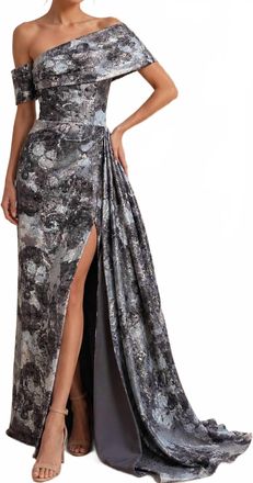 Jovani Off-The-Shoulder Floral Gown With Draped Panel In Grey Multi
