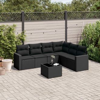 vidaXL Set De Comedor De Jard&iacute;n 7 Pzas Y Cojines Rat&aacute;n Sint&eacute;tico Negro Vidaxl