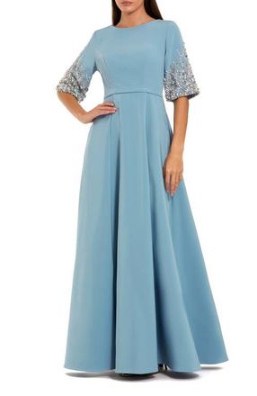 Mac Duggal Womens 3/4 Sleeve Crepe Gown With Sleeve Embellishments in French Blue at Nordstrom, Size 14
