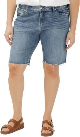 Silver Jeans Co Elyse Curvy Raw Hem Mid Rise Denim Bermuda Shorts in Sunset Blue at Nordstrom, Size 14W