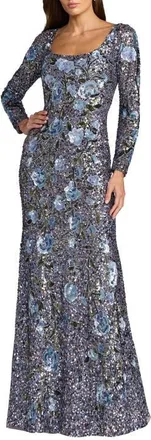 Mac Duggal Floral Beaded Mesh Long Sleeve Square Neck Gown in Hydrangea Multi at Nordstrom, Size 10
