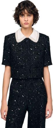 Sandro Removable rhinestone collar jacket in Black at Nordstrom, Size 42 Eu