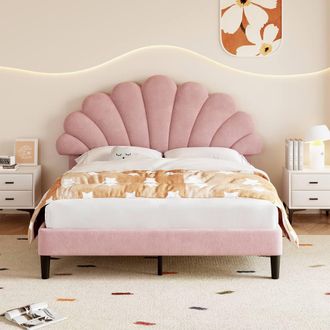 Merax 4ft6 Double Upholstered Bed with Adjustable Chic Petal Headboard in Pink