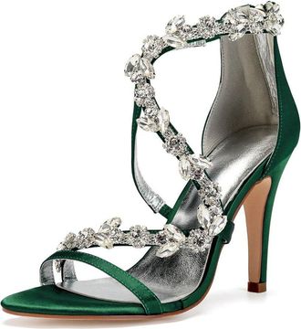Generic Bridal Heels Womens Satin Open Toe Stiletto High Heels Wedding Shoes High Sandals for Prom, Party, Daily 10.5Cm,Dark Green,8 UK