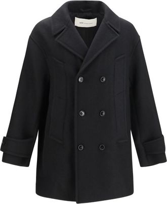 Ami Double-Breasted Structured Silk-Nylon Wide-Lapel Coat