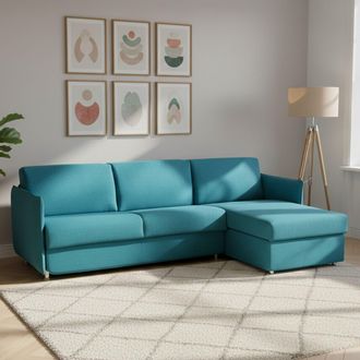 Dmora Sof&aacute; Cama Con Chaiselongue Scordia, Desenfundable, Almacenaje Hecho En Italia, Impermeable Multiposici&oacute;n Transformable, 260x160 Cm Azul