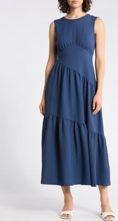 DKNY Sleeveless Crinkled Gauze Tiered Maxi Dress in Indigo at Nordstrom Rack, Size 16