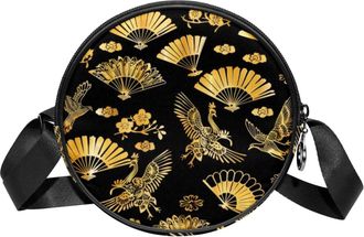 Generic Circle Crossbody Bag for Women, Crane Fan Flower Small Sling Bag Daypack with Zipper Adjustable Shoulder Straps Casual Ladies Girls Round Purse