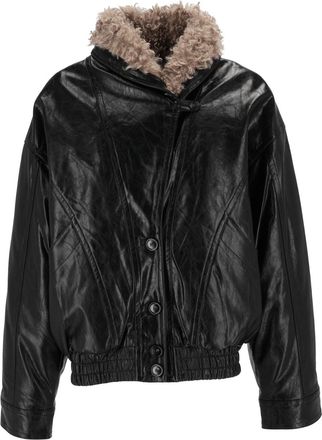 Eleh Black Glossy Shearling Collar Cropped Jacket