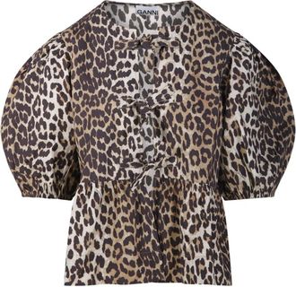 Ganni Gedrukte katoenen popeline blouse met peplum - Dames - Overhemden - Bruin - 3XS - Katoen - Overhemden
