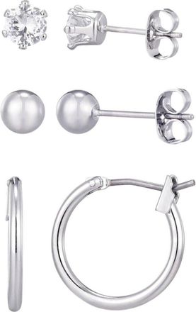 Adornia Adornia Silver Plated Hoop, Solitaire & Ball Stud Earrings Set
