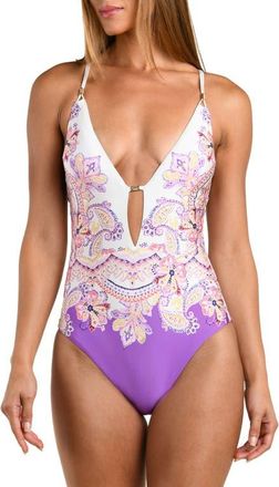 Sunshine 79 Lilac Cascade Plunge One-Piece Swimsuit in Purple Multi at Nordstrom, Size 12
