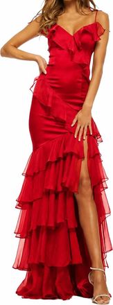 Sherri Hill Satin Evening Dress With Slit In Red