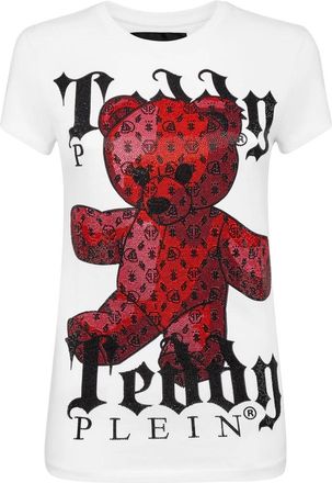 Philipp Plein Tops, Dames, Wit, S, Katoen, T-shirt Ronde Hals SS Monogram Teddybeer