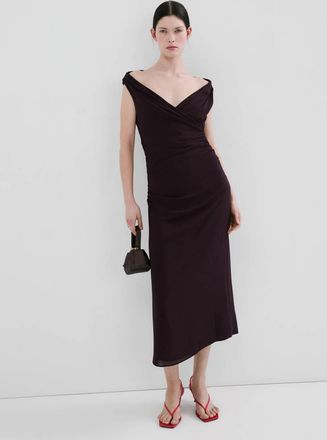 Mango Vestito increspato scollo incrociato marrone - Donna - S - MANGO