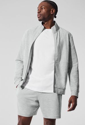 Alo | Conquer Max Mock Neck Full Zip Jacket in Athletic Heather Grey, Size: Medium