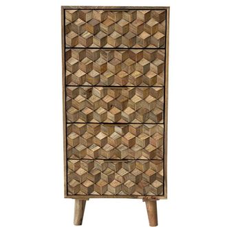 Jaipur Furniture Geometric 5 Drawer Tall Chest - Mango Wood - L40 x W55 x H118 cm - Mango Light Finish in Brown