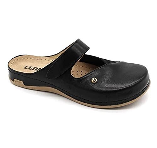 LEON 4051 Sandales Sabots Mules Femme – Cuir Véritable, Semelle Anatomique Liège, Scratch Réglable, Confort Quotidien Maison & Extérieur