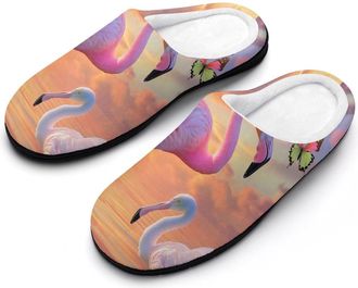 Generic Flamingo Roseate Spoonbill Butterfly Mens House Slippers Memory Foam Washable Cotton Slip on Home Shoes