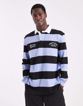 Tommy Jeans Polo stile rugby blu a righe vestibilit&agrave; comoda con scritta del logo