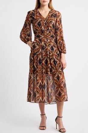 Julia Jordan Metallic Fleck Abstract Print Long Sleeve Chiffon Dress in Black Multi at Nordstrom Rack, Size 14