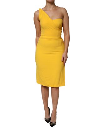Dolce & Gabbana Womens Yellow One Shoulder Side Slit Midi Dress Viscose Acetate Elastane
