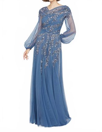 Theia Wilma Bishop Sleeve Gown In Grey/celeste