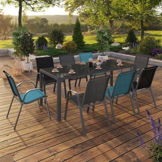 IDMarket Conjunto De Muebles De Jard&iacute;n Madrid Mesa 190 Cm Y 8 Sillas Apilables Mix Color Azul, Gris Y Negro