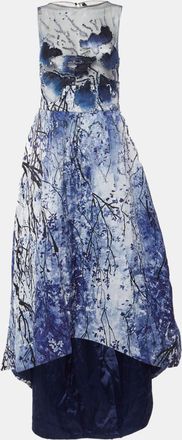 Elisabetta Franchi Blue Embellished Printed Mesh & Crepe High Low Dress